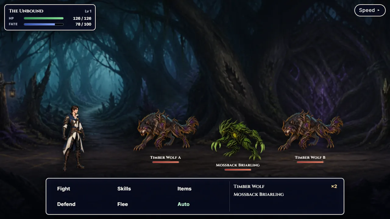 A FateMMO: Awaken battle in Wolf Run: the hero faces two Timber Wolves and a Mossback Briarling, with the Fight, Skills, Items, Defend, Flee and Auto commands open