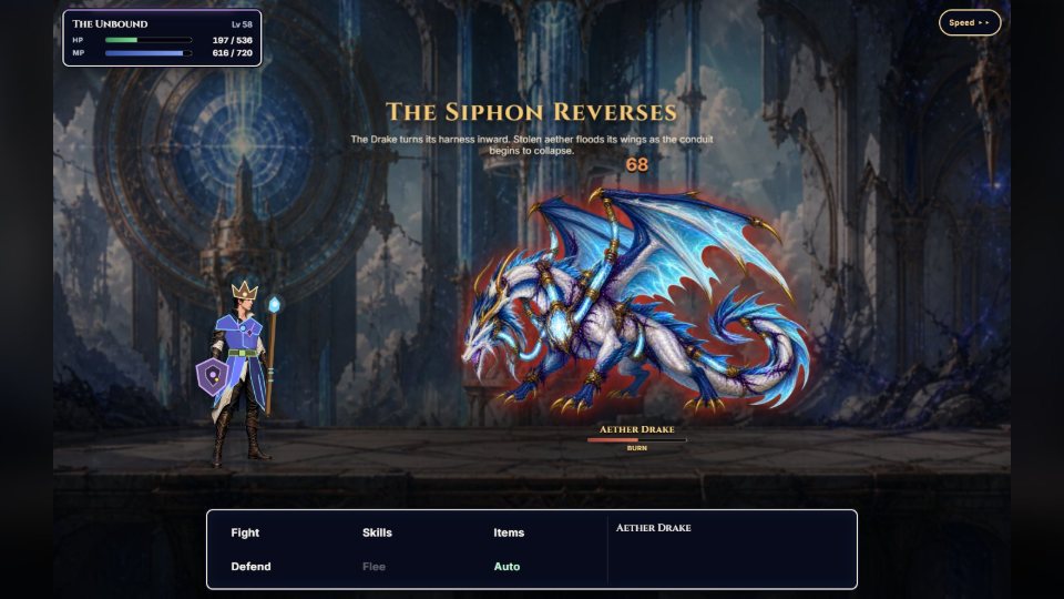 A FateMMO: Awaken battle: the hero faces the Aether Drake in its second phase, with the Fight, Skills, Items, Defend, Flee and Auto commands open