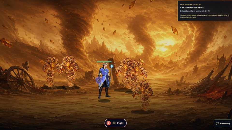 Sandstorm Elementals surround the hero beside a wrecked caravan in the Scorched Wastes