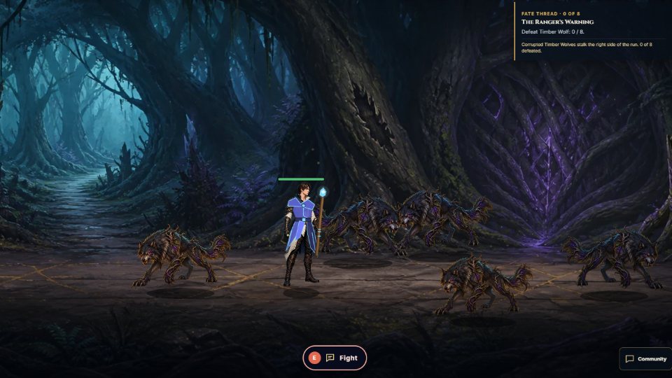 Corrupted Timber Wolves circle the hero on Wolf Run in the Whispering Woods, with the quest tracker open