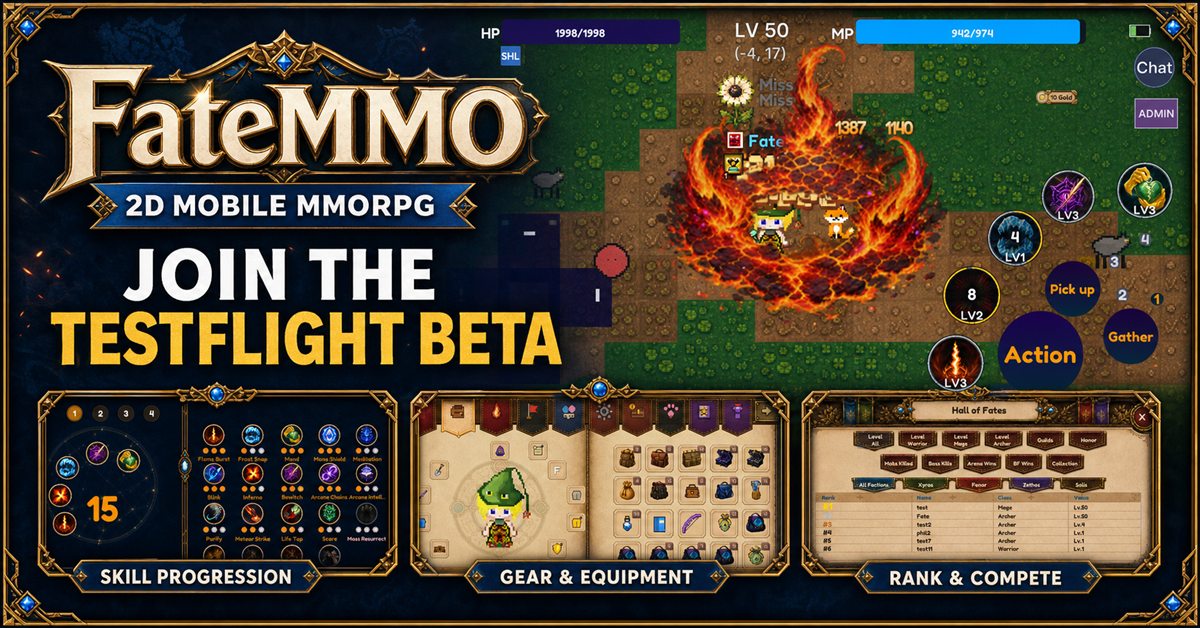 FateMMO development showcase: Mage combat and mobile skill buttons above skill progression, equipment and Hall of Fates panels