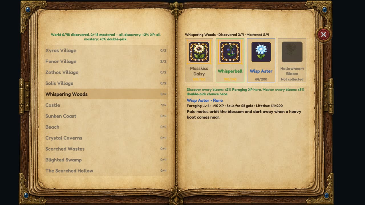 The Flower Book with the list of regions and the Whispering Woods flowers.