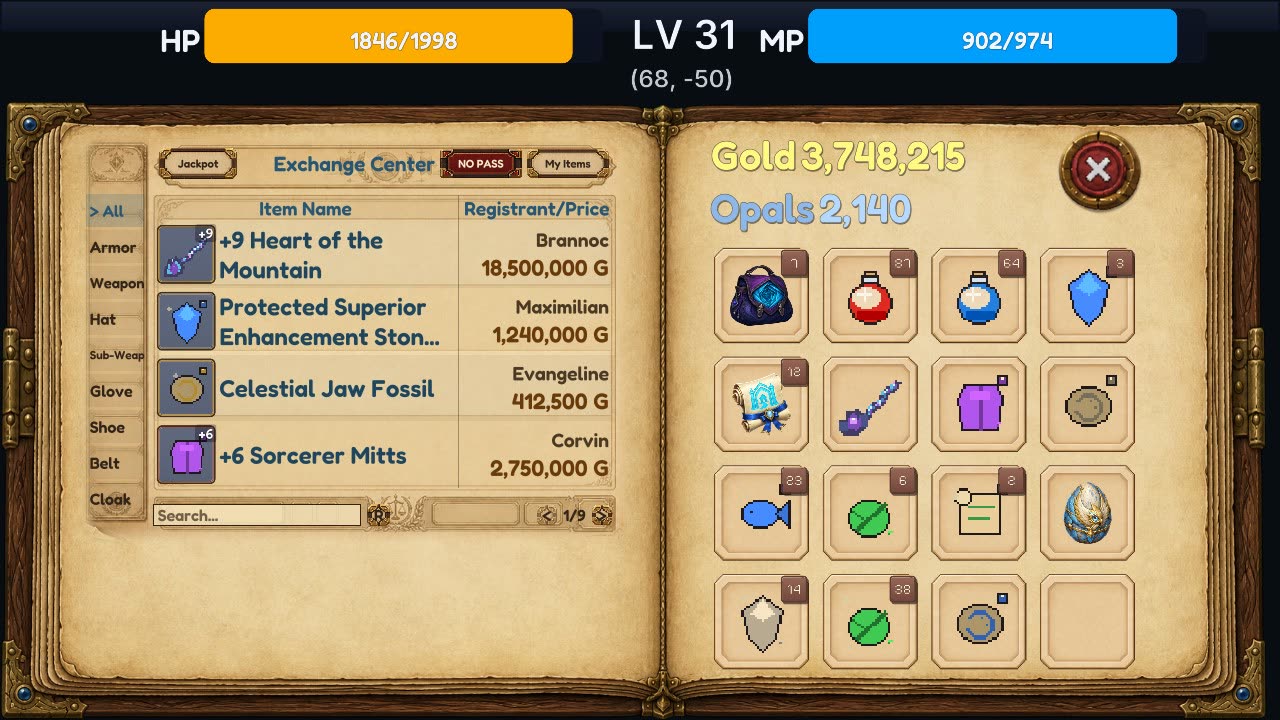 The Exchange Center ledger listing items, sellers and prices beside the inventory page.