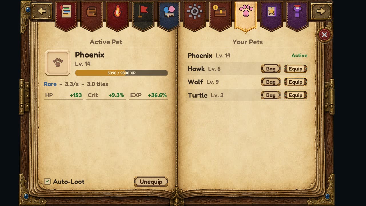The Pets page with an active Phoenix and a list of owned pets.