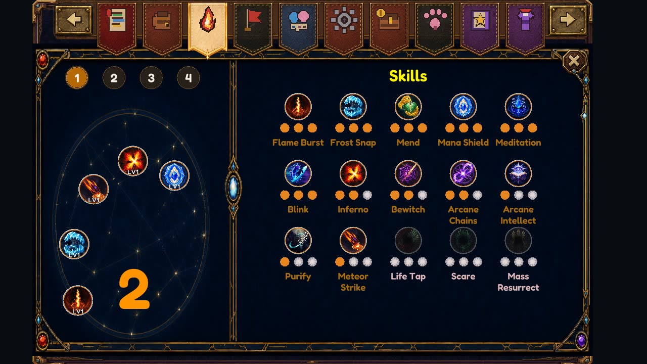 The Skills page as a dark star chart with skill icons and their rank pips.