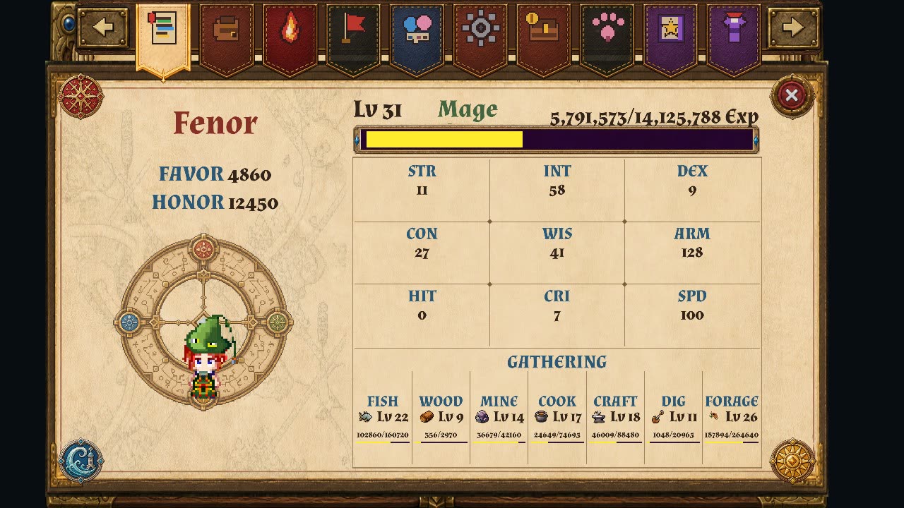 The Codex Status page for a Fenor mage with favor, honor, stats and gathering levels around a faction compass.