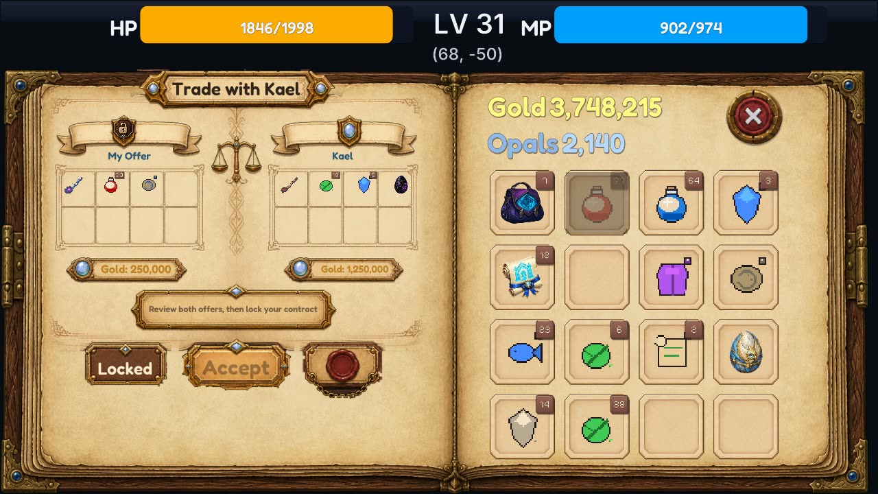A two-page trade window with both offers on the left and the inventory on the right.