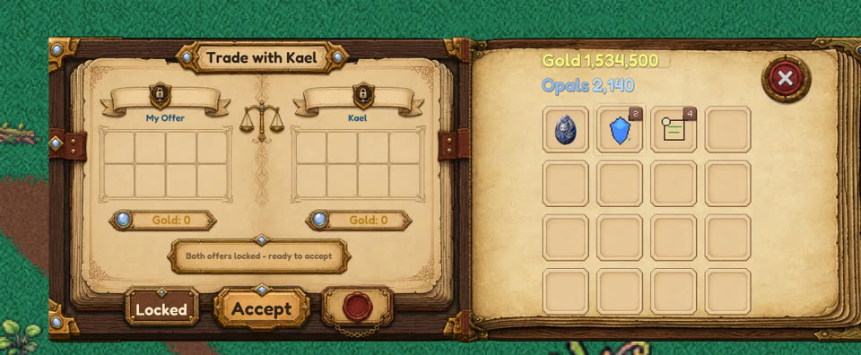 A two-page trade window in the Codex book with both offers locked and gold arriving on the inventory page.