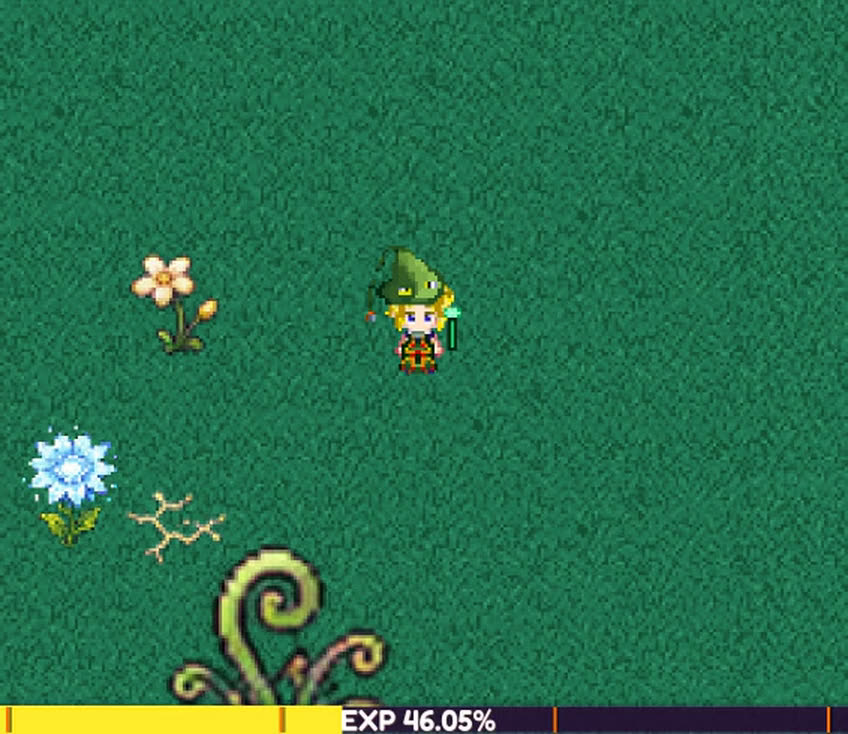 A mage burns a wolf with a fire spell, and gold sparks drift down into the EXP bar as it rises from 42 to 46 percent.
