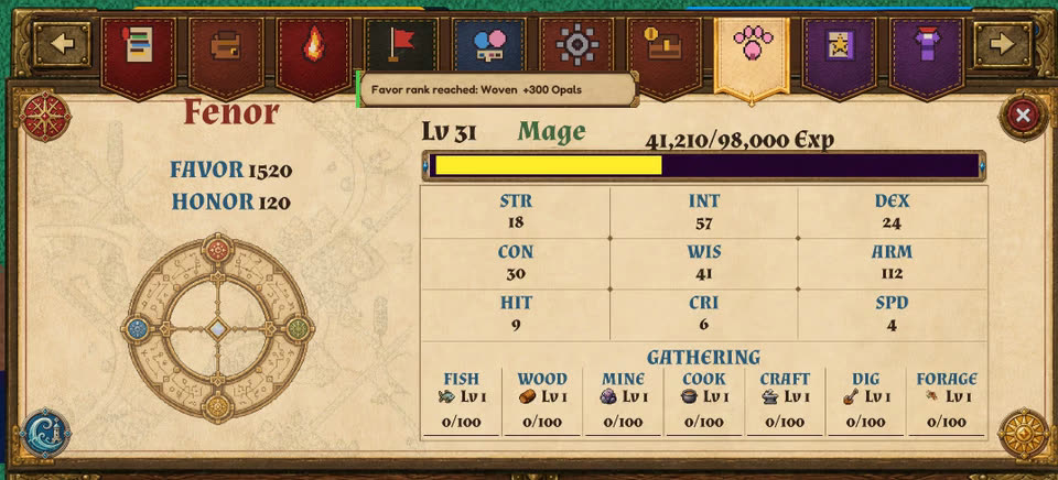 The Fenor Status page with its favor total and a wreath forming around the faction compass.