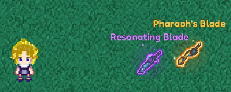 A player beside a purple Resonating Blade and a gold Pharaoh's Blade glittering on the grass with their names above them.