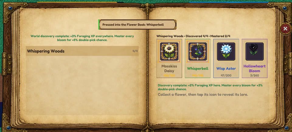 The Flower Book page for the Whispering Woods with four flowers and their discovery counts.