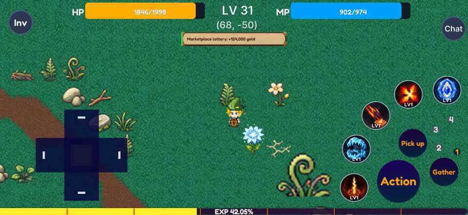 A notice reading Marketplace lottery: +124,000 gold as coins fly to the bag button.