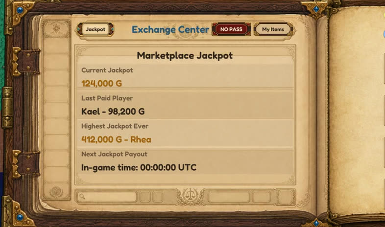 The Marketplace Jackpot page with the current jackpot rising.