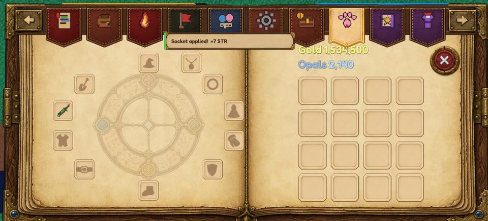 The Codex inventory book with a notice reading Socket applied: +7 STR.