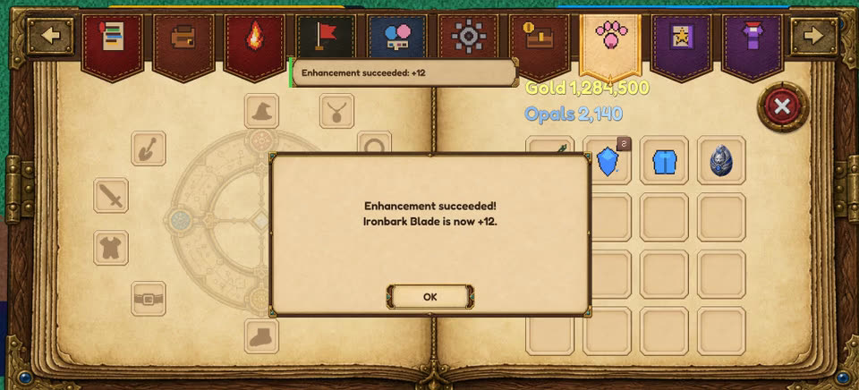 The Enhance Equipment dialog over the Codex inventory book, then a notice that the Ironbark Blade is now +12.