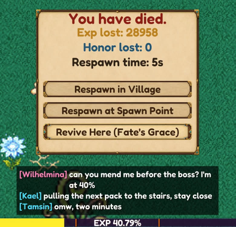 The You have died panel rising into view with the EXP loss and three respawn options.