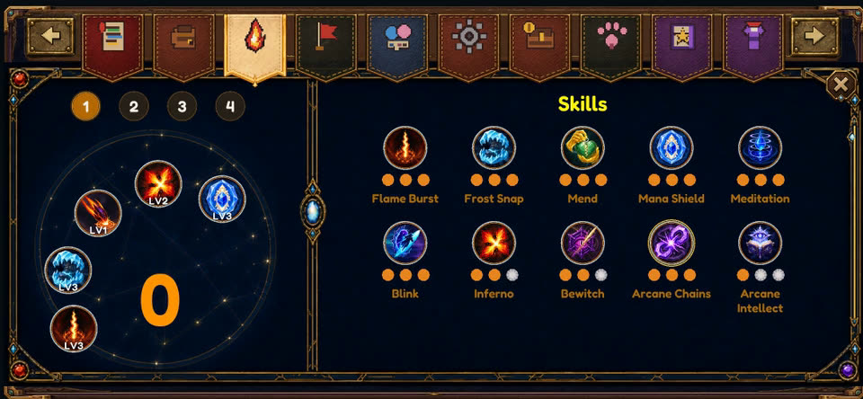 The Skills page confirming a skill point for Arcane Chains, then the new rank pip lighting up.