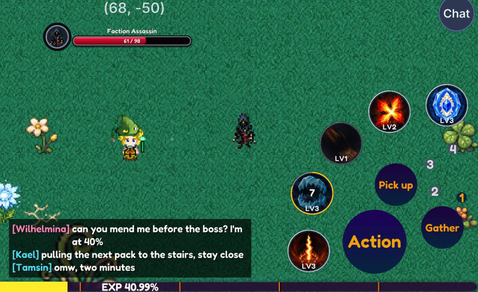The skill wheel's buttons pressing in and springing back as a Frost Snap lands on a Faction Assassin.